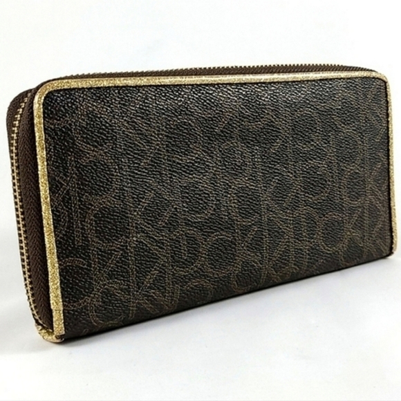 Calvin Klein Monogram Logo Continental Brown Gold Zip Around Wallet - Picture 2 of 16